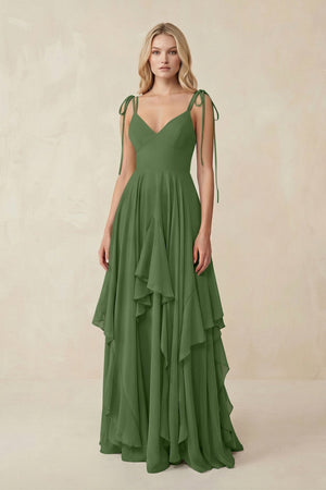 Cami Strap Ruffled A - Line Chiffon Bridesmaid Dress in Moss - KissProm Bridesmaid Dresses