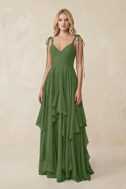 Cami Strap Ruffled A - Line Chiffon Bridesmaid Dress in Moss - KissProm Bridesmaid Dresses