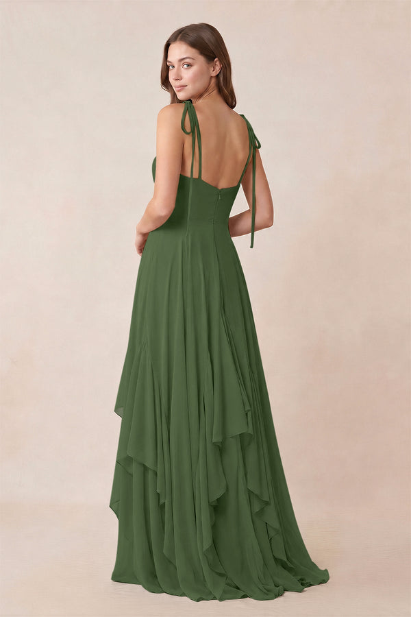 Cami Strap Ruffled A - Line Chiffon Bridesmaid Dress in Moss - KissProm Bridesmaid Dresses