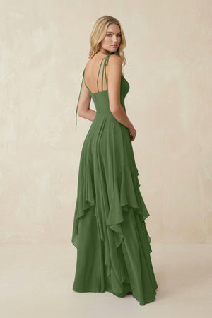 Cami Strap Ruffled A - Line Chiffon Bridesmaid Dress in Moss - KissProm Bridesmaid Dresses