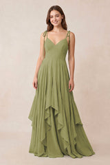 Cami Strap Ruffled A - Line Chiffon Bridesmaid Dress in Moss Green - KissProm Bridesmaid Dresses