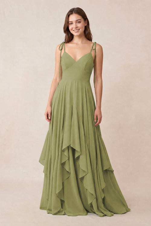 Cami Strap Ruffled A - Line Chiffon Bridesmaid Dress in Moss Green - KissProm Bridesmaid Dresses