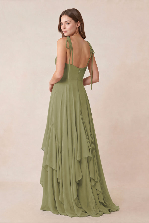 Cami Strap Ruffled A - Line Chiffon Bridesmaid Dress in Moss Green - KissProm Bridesmaid Dresses