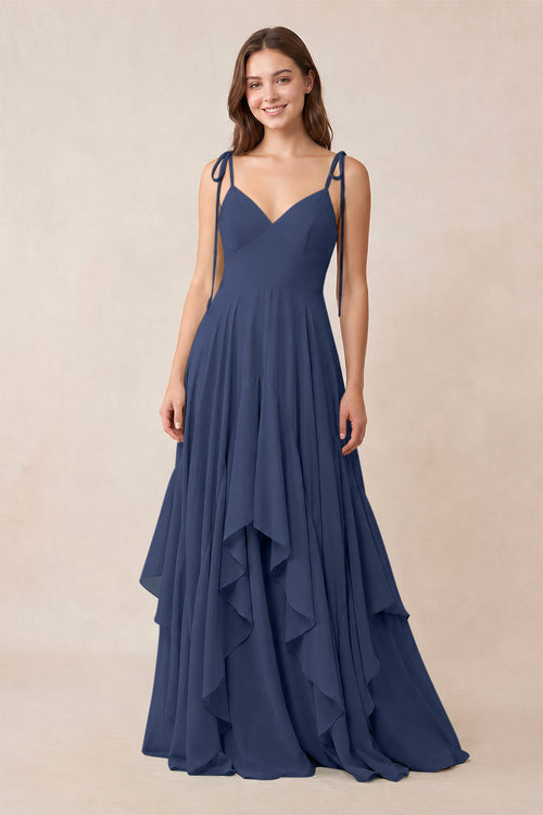 Cami Strap Ruffled A - Line Chiffon Bridesmaid Dress in Navy - KissProm Bridesmaid Dresses