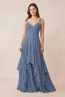 Cami Strap Ruffled A - Line Chiffon Bridesmaid Dress in Neptune - KissProm Bridesmaid Dresses