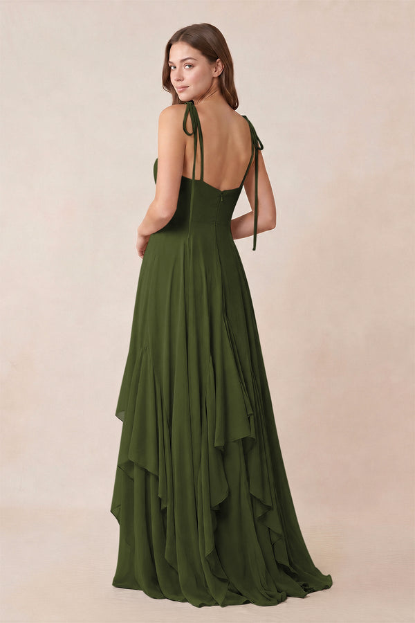 Cami Strap Ruffled A - Line Chiffon Bridesmaid Dress in Olive - KissProm Bridesmaid Dresses