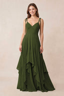Cami Strap Ruffled A - Line Chiffon Bridesmaid Dress in Olive - KissProm Bridesmaid Dresses