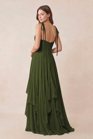 Cami Strap Ruffled A - Line Chiffon Bridesmaid Dress in Olive - KissProm Bridesmaid Dresses
