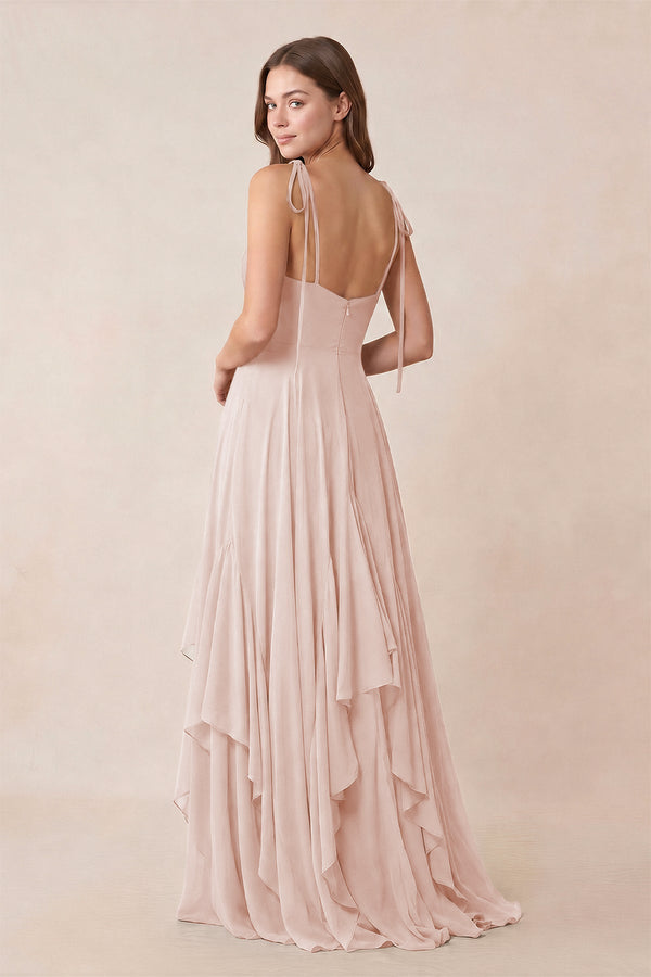 Cami Strap Ruffled A - Line Chiffon Bridesmaid Dress in Pale Blush - KissProm Bridesmaid Dresses