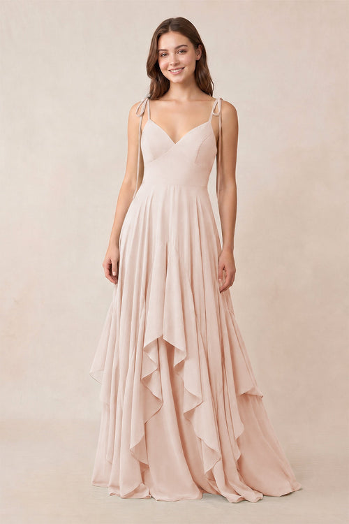 Cami Strap Ruffled A - Line Chiffon Bridesmaid Dress in Pale Blush - KissProm Bridesmaid Dresses