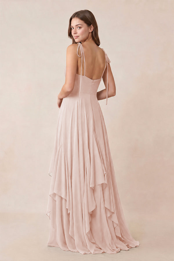 Cami Strap Ruffled A - Line Chiffon Bridesmaid Dress in Pale Blush - KissProm Bridesmaid Dresses