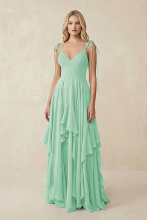 Cami Strap Ruffled A - Line Chiffon Bridesmaid Dress in Pale Pistachio - KissProm Bridesmaid Dresses