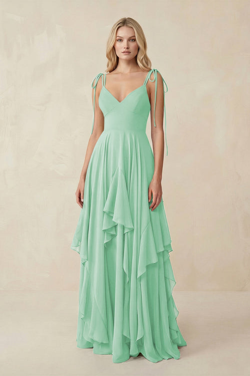 Cami Strap Ruffled A - Line Chiffon Bridesmaid Dress in Pale Pistachio - KissProm Bridesmaid Dresses