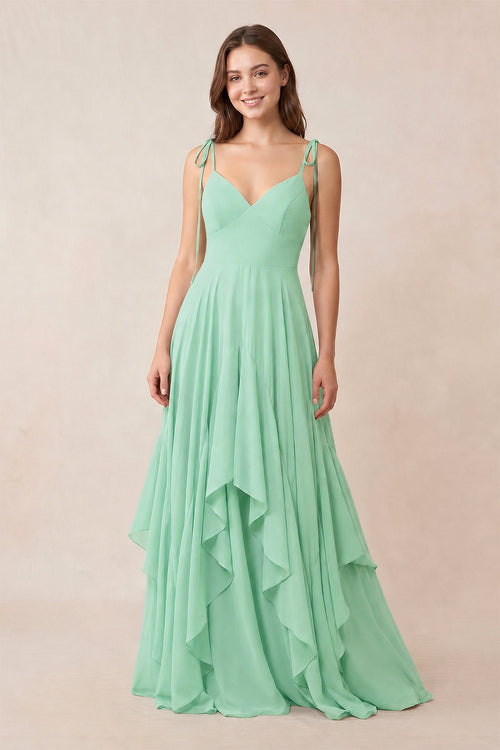 Cami Strap Ruffled A - Line Chiffon Bridesmaid Dress in Pale Pistachio - KissProm Bridesmaid Dresses