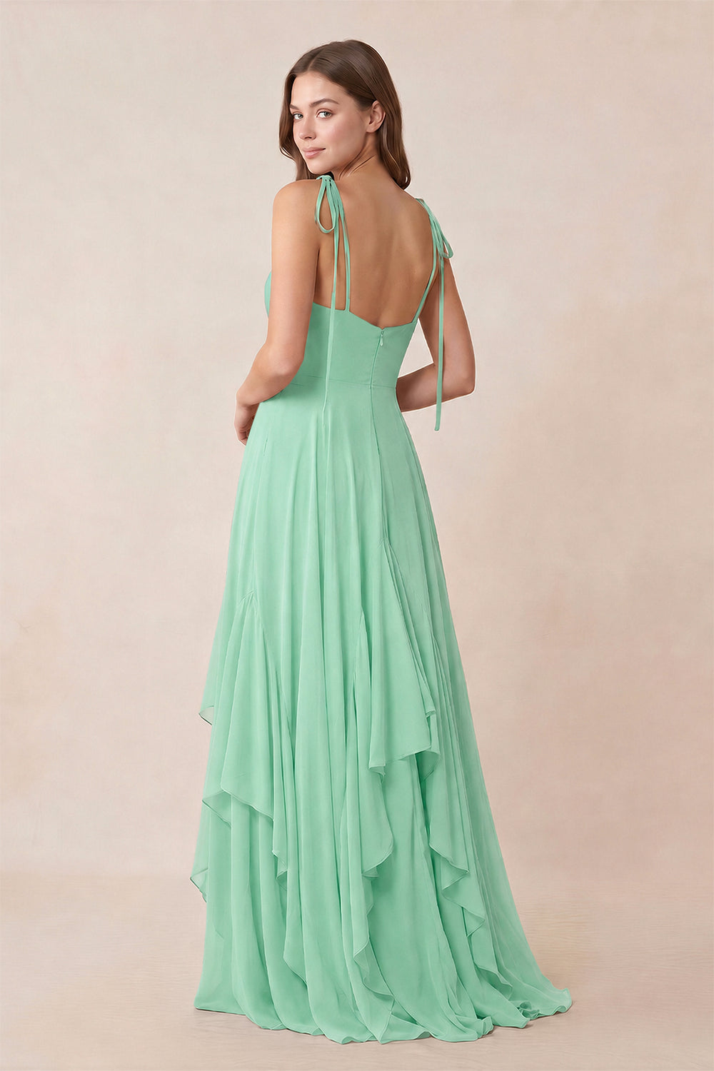 Cami Strap Ruffled A - Line Chiffon Bridesmaid Dress in Pale Pistachio - KissProm Bridesmaid Dresses
