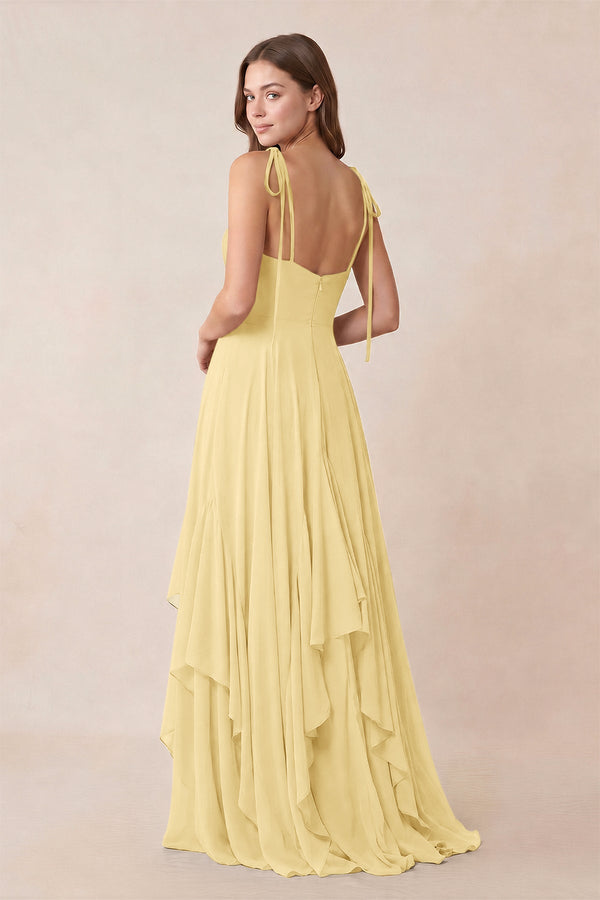 Cami Strap Ruffled A - Line Chiffon Bridesmaid Dress in Pastel Yellow - KissProm Bridesmaid Dresses