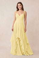 Cami Strap Ruffled A - Line Chiffon Bridesmaid Dress in Pastel Yellow - KissProm Bridesmaid Dresses