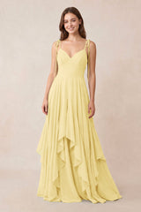 Cami Strap Ruffled A - Line Chiffon Bridesmaid Dress in Pastel Yellow - KissProm Bridesmaid Dresses