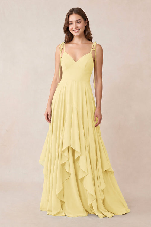 Cami Strap Ruffled A - Line Chiffon Bridesmaid Dress in Pastel Yellow - KissProm Bridesmaid Dresses
