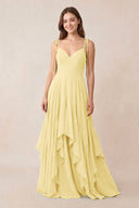 Cami Strap Ruffled A - Line Chiffon Bridesmaid Dress in Pastel Yellow - KissProm Bridesmaid Dresses