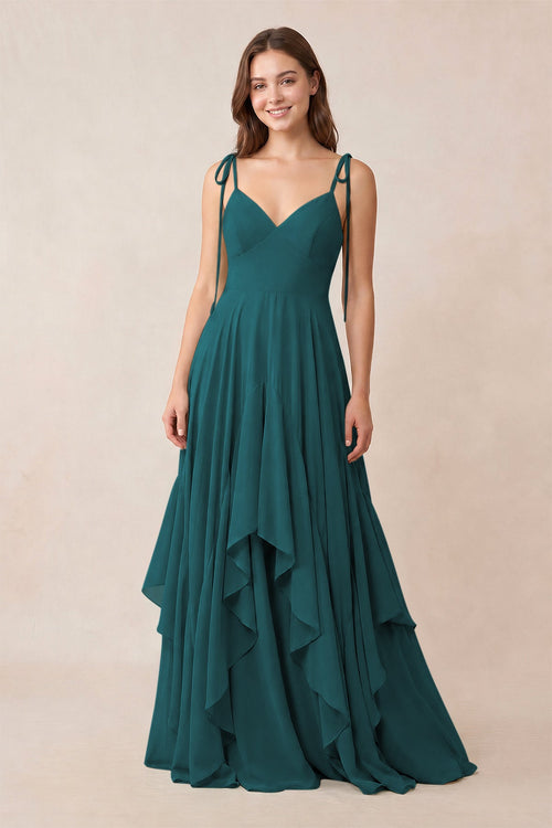 Cami Strap Ruffled A - Line Chiffon Bridesmaid Dress in Pine - KissProm Bridesmaid Dresses