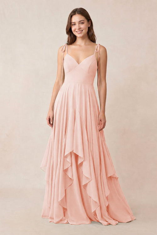 Cami Strap Ruffled A - Line Chiffon Bridesmaid Dress in Rose Petal - KissProm Bridesmaid Dresses