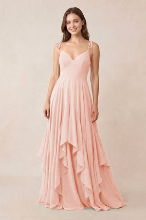 Cami Strap Ruffled A - Line Chiffon Bridesmaid Dress in Rose Petal - KissProm Bridesmaid Dresses