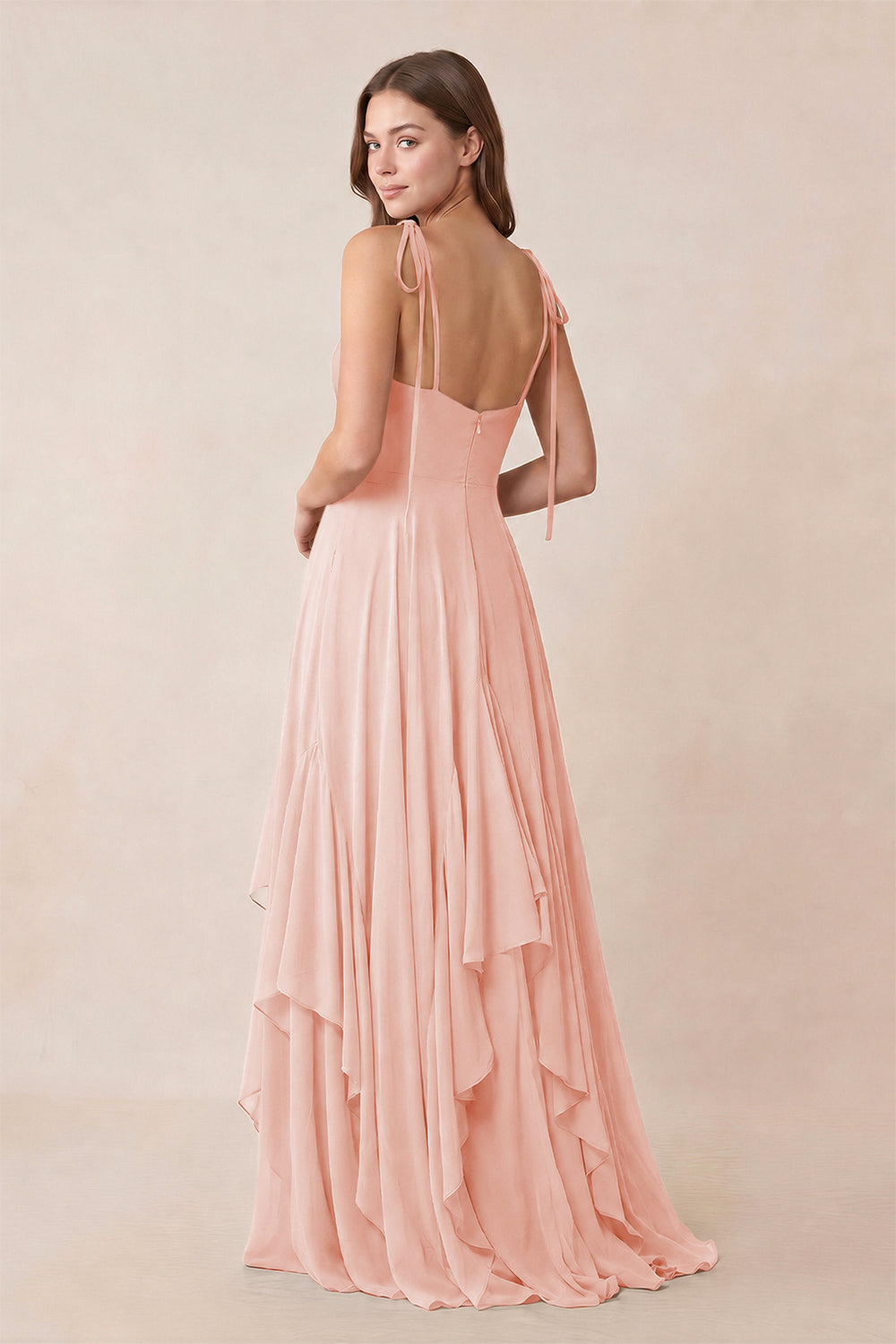 Cami Strap Ruffled A - Line Chiffon Bridesmaid Dress in Rose Petal - KissProm Bridesmaid Dresses