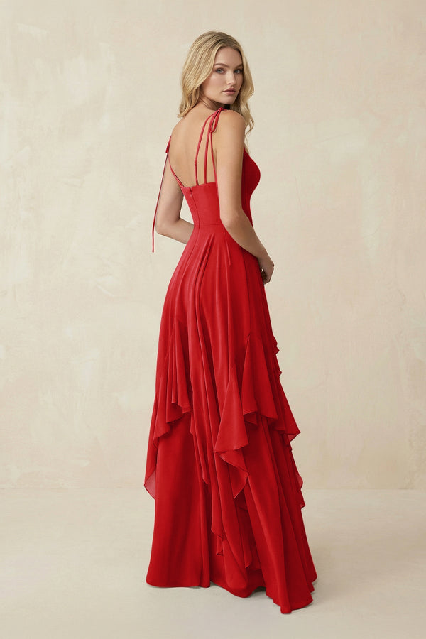 KissProm | Ruffled Chiffon A-Line Cami Strap Bridesmaid Gown in Ruby Red KissProm | Ruffled Chiffon A-Line Cami Strap Bridesmaid Gown in Ruby Red