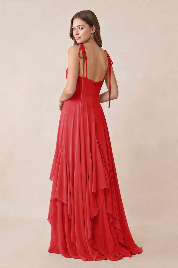 Cami Strap Ruffled A - Line Chiffon Bridesmaid Dress in Ruby Red - KissProm Bridesmaid Dresses
