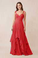 Cami Strap Ruffled A - Line Chiffon Bridesmaid Dress in Ruby Red - KissProm Bridesmaid Dresses