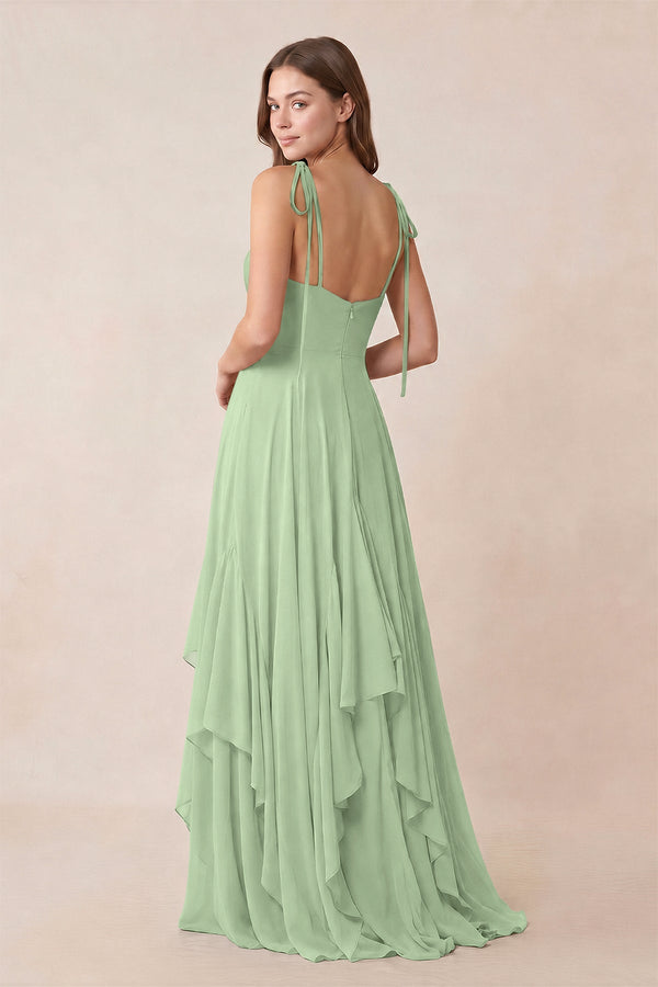 Cami Strap Ruffled A - Line Chiffon Bridesmaid Dress in Sage - KissProm Bridesmaid Dresses