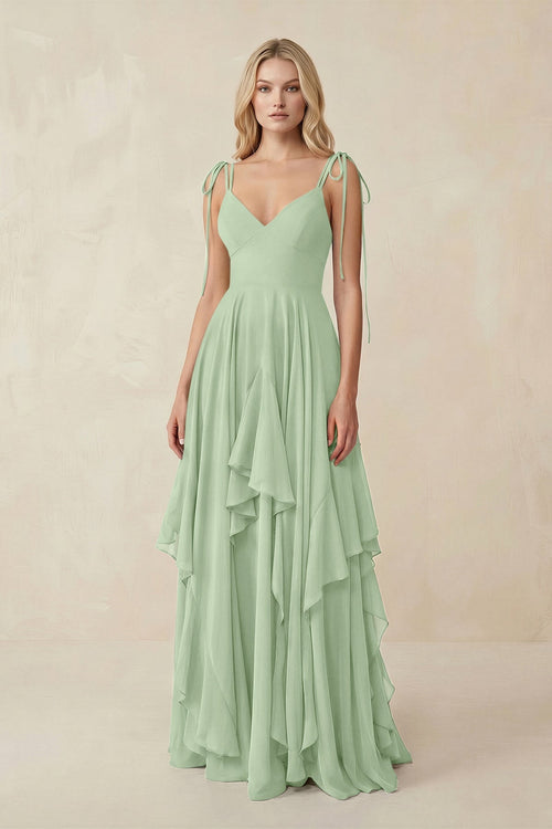 Cami Strap Ruffled A-Line Chiffon Bridesmaid Dress in Sage Cami Strap Ruffled A-Line Chiffon Bridesmaid Dress in Sage