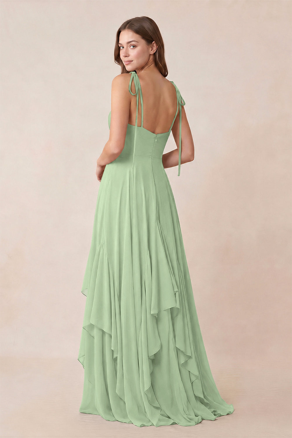 Cami Strap Ruffled A - Line Chiffon Bridesmaid Dress in Sage - KissProm Bridesmaid Dresses