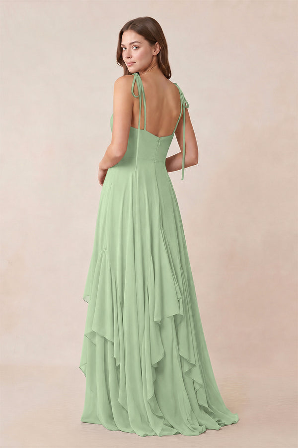 Cami Strap Ruffled A - Line Chiffon Bridesmaid Dress in Sage - KissProm Bridesmaid Dresses