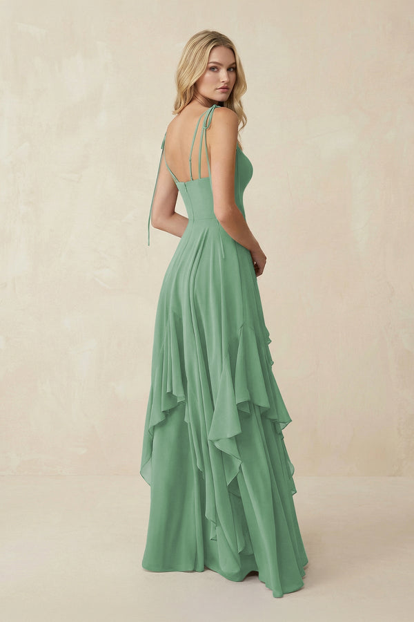 KissProm | Ruffled Chiffon A-Line Cami Strap Bridesmaid Gown in Sea Glass KissProm | Ruffled Chiffon A-Line Cami Strap Bridesmaid Gown in Sea Glass