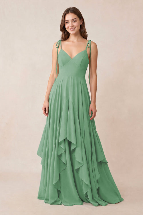 Cami Strap Ruffled A - Line Chiffon Bridesmaid Dress in Sea Glass - KissProm Bridesmaid Dresses