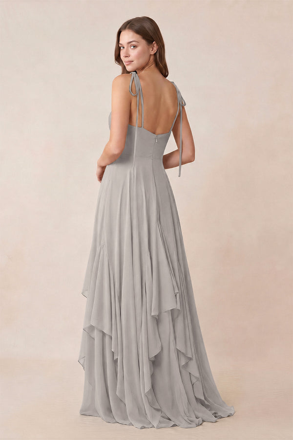Cami Strap Ruffled A - Line Chiffon Bridesmaid Dress in Silver - KissProm Bridesmaid Dresses