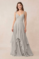 Cami Strap Ruffled A - Line Chiffon Bridesmaid Dress in Silver - KissProm Bridesmaid Dresses