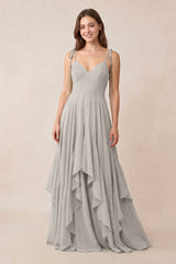 Cami Strap Ruffled A - Line Chiffon Bridesmaid Dress in Silver - KissProm Bridesmaid Dresses