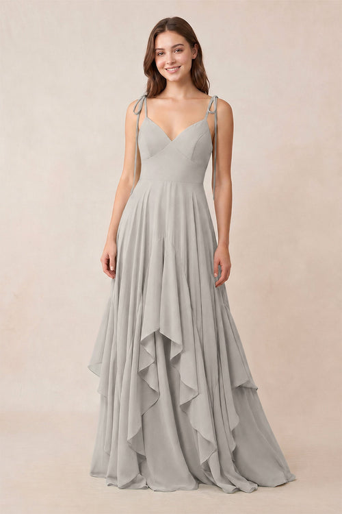 Cami Strap Ruffled A - Line Chiffon Bridesmaid Dress in Silver - KissProm Bridesmaid Dresses