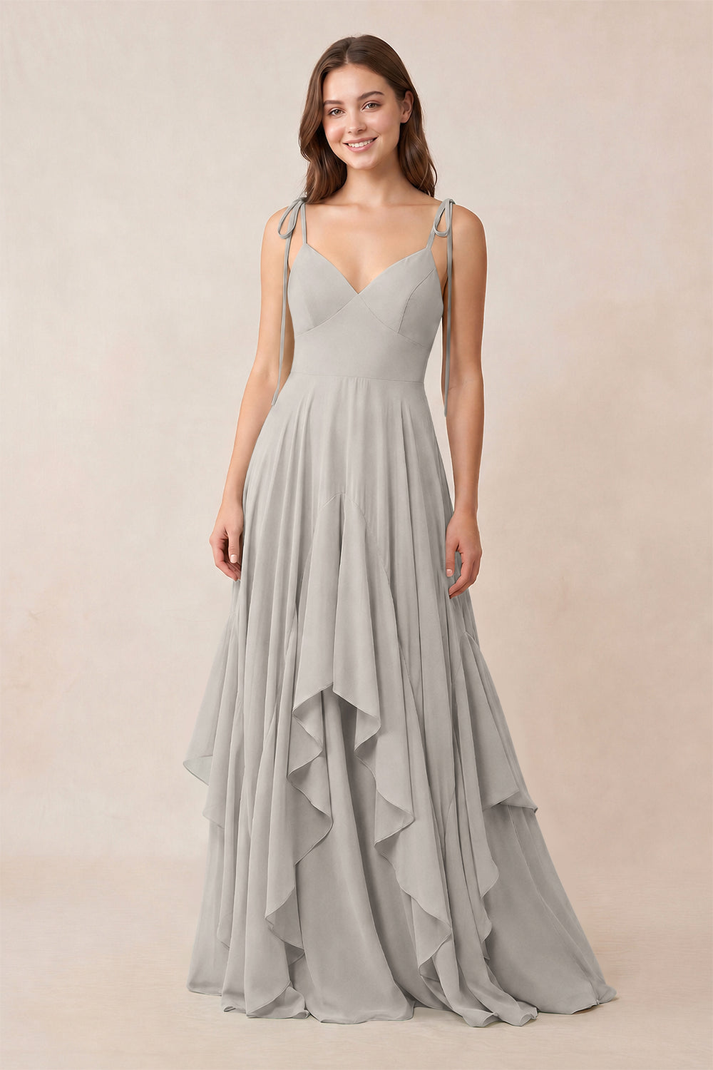 Cami Strap Ruffled A - Line Chiffon Bridesmaid Dress in Silver - KissProm Bridesmaid Dresses