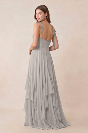 Cami Strap Ruffled A - Line Chiffon Bridesmaid Dress in Silver - KissProm Bridesmaid Dresses