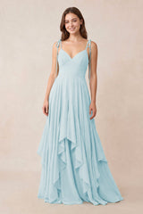 Cami Strap Ruffled A - Line Chiffon Bridesmaid Dress in Sky Blue - KissProm Bridesmaid Dresses