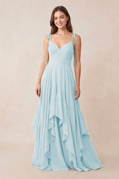 Cami Strap Ruffled A - Line Chiffon Bridesmaid Dress in Sky Blue - KissProm Bridesmaid Dresses