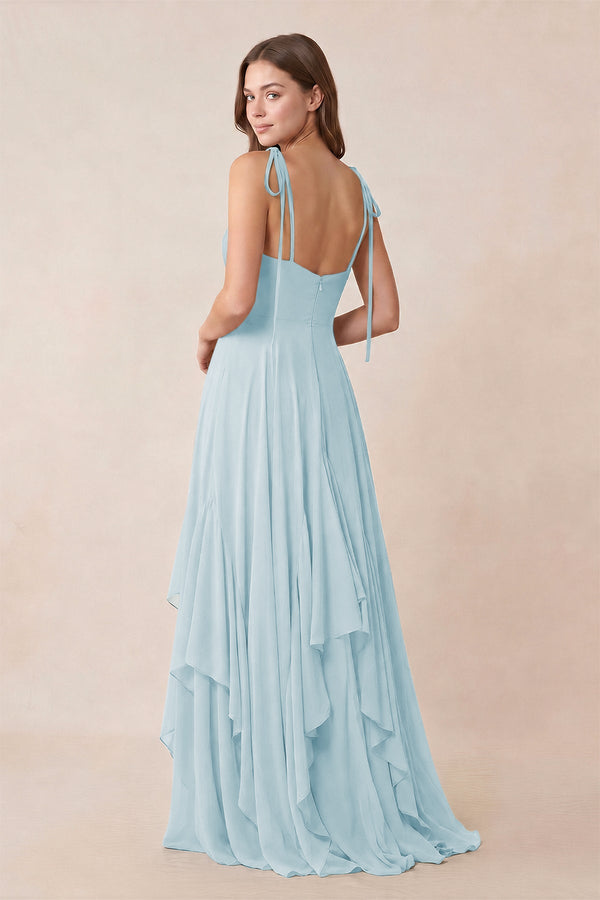 Cami Strap Ruffled A - Line Chiffon Bridesmaid Dress in Sky Blue - KissProm Bridesmaid Dresses
