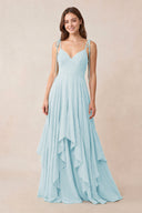 Cami Strap Ruffled A - Line Chiffon Bridesmaid Dress in Sky Blue - KissProm Bridesmaid Dresses