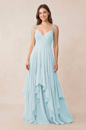 Cami Strap Ruffled A - Line Chiffon Bridesmaid Dress in Sky Blue - KissProm Bridesmaid Dresses