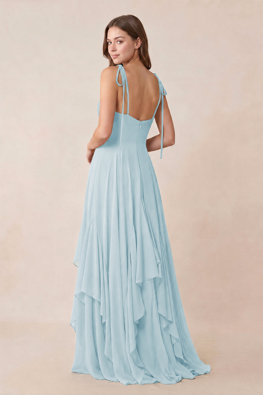 Cami Strap Ruffled A - Line Chiffon Bridesmaid Dress in Sky Blue - KissProm Bridesmaid Dresses