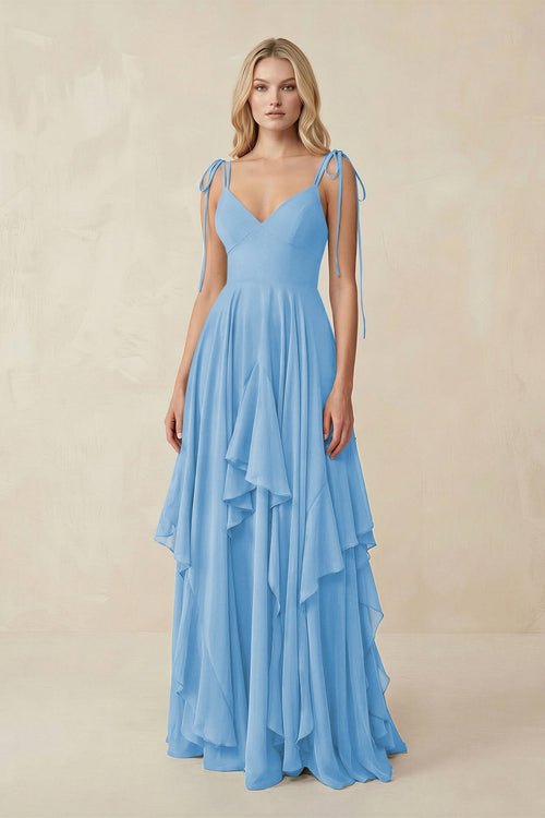 KissProm | Ruffled Chiffon A-Line Cami Strap Bridesmaid Gown in Steel Blue KissProm | Ruffled Chiffon A-Line Cami Strap Bridesmaid Gown in Steel Blue